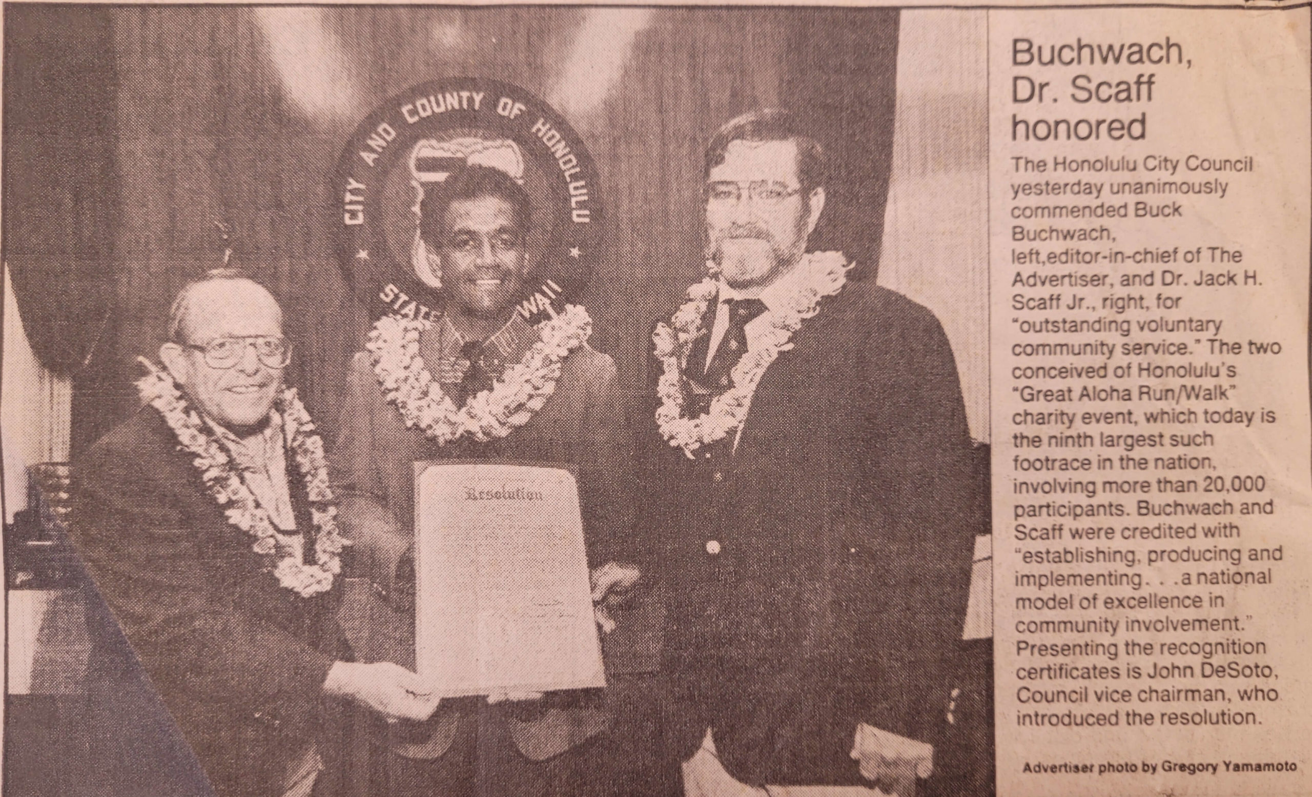 Scan of newspaper clipping with a picture of Buck Buchwach, Honolulu City Council vice chairman John DeSoto, and Dr. Jack Scaff, and the article text beside it.